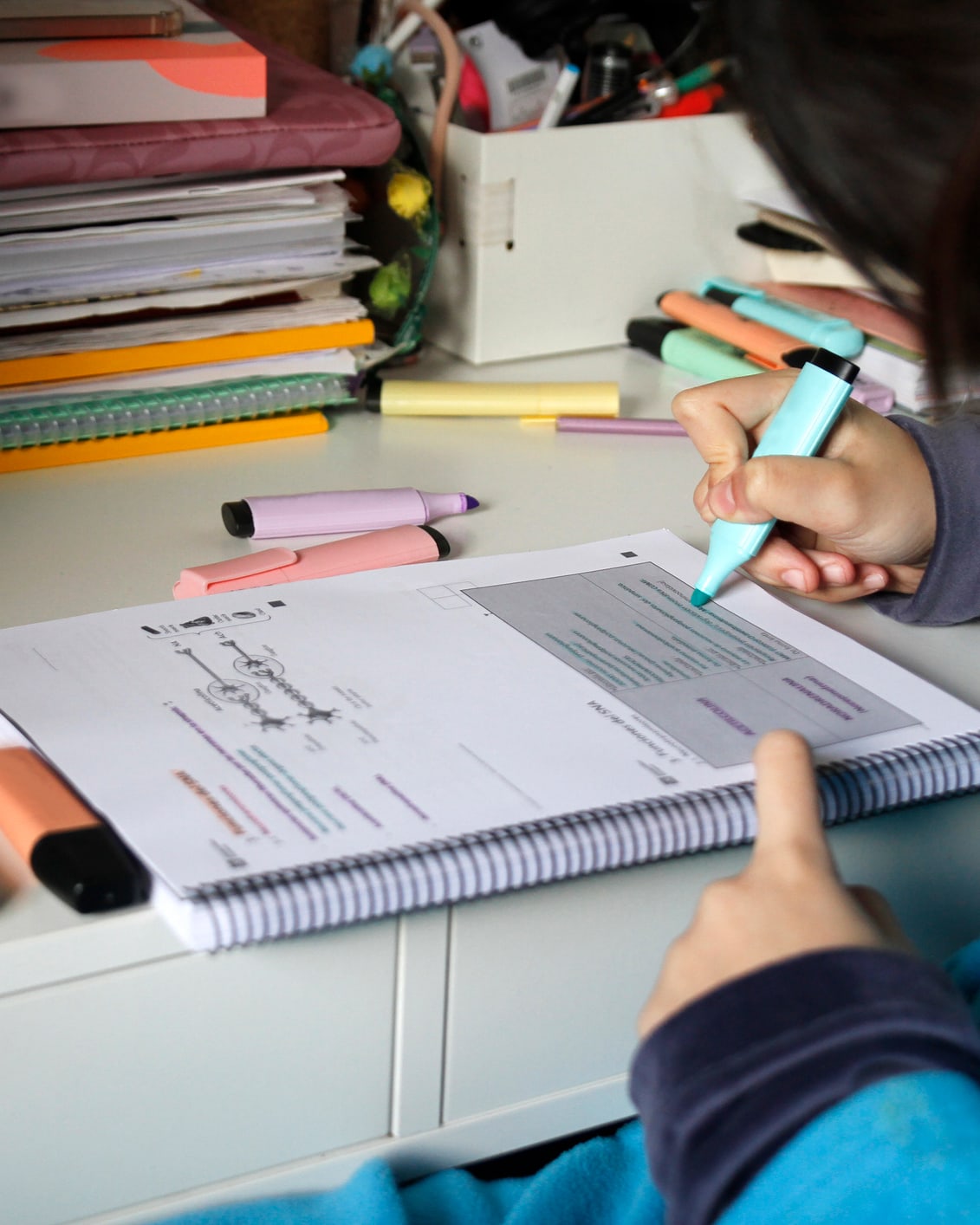 Close up of a student's hand, using a blue highlighter marker to highlight text in a notebook