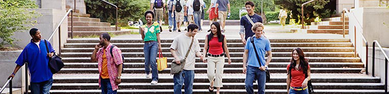 Students walking down steps outside