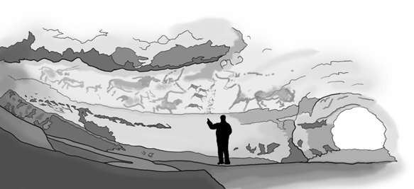 Illustration of man looking at mountain landscape